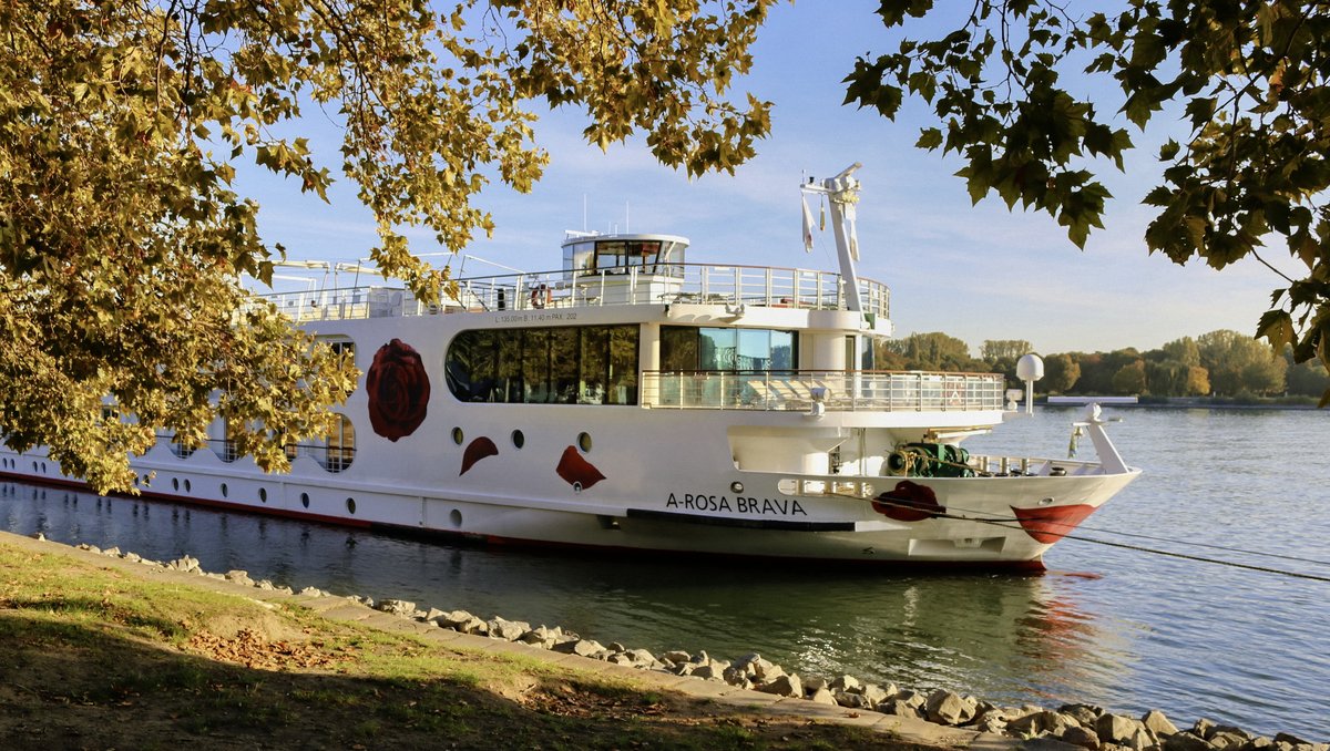 Das Flusskreuzfahrtschiff A-ROSA BRAVA liegt am Ufer eines Flusses, umgeben von herbstlich gefärbten Bäumen.