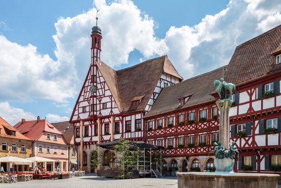 Historische Fachwerkhäuser an einem Markplatz in Forchheim, mit einem Brunnen und einer Säule mit einer Reiterstatue unter leicht bewölktem Himmel.