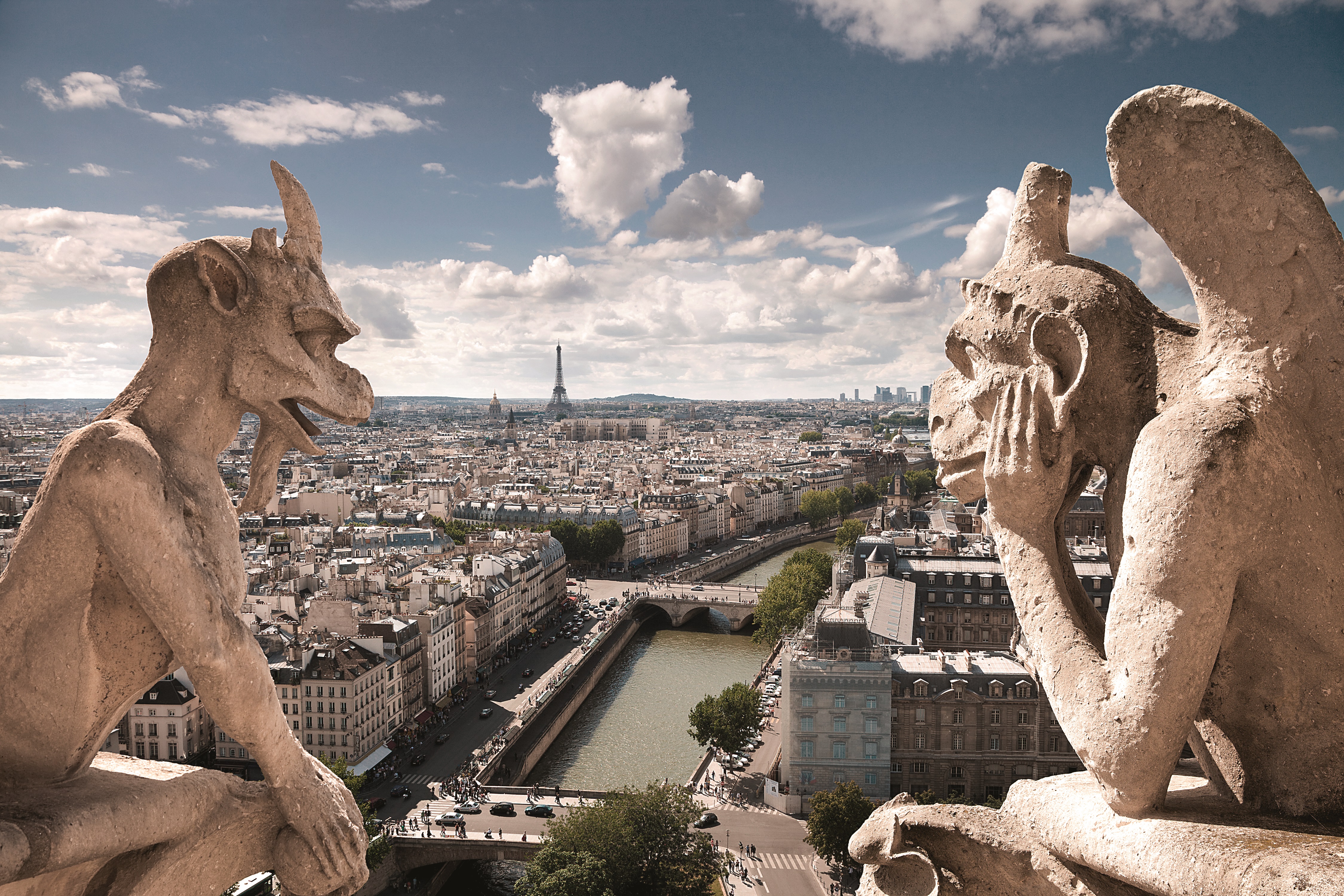 Zwei steinerne Wasserspeier der Kathedrale Notre-Dame mit blicken auf die Pariser Skyline mit dem Eiffelturm und der Seine unter einem bewölkten Himmel.
